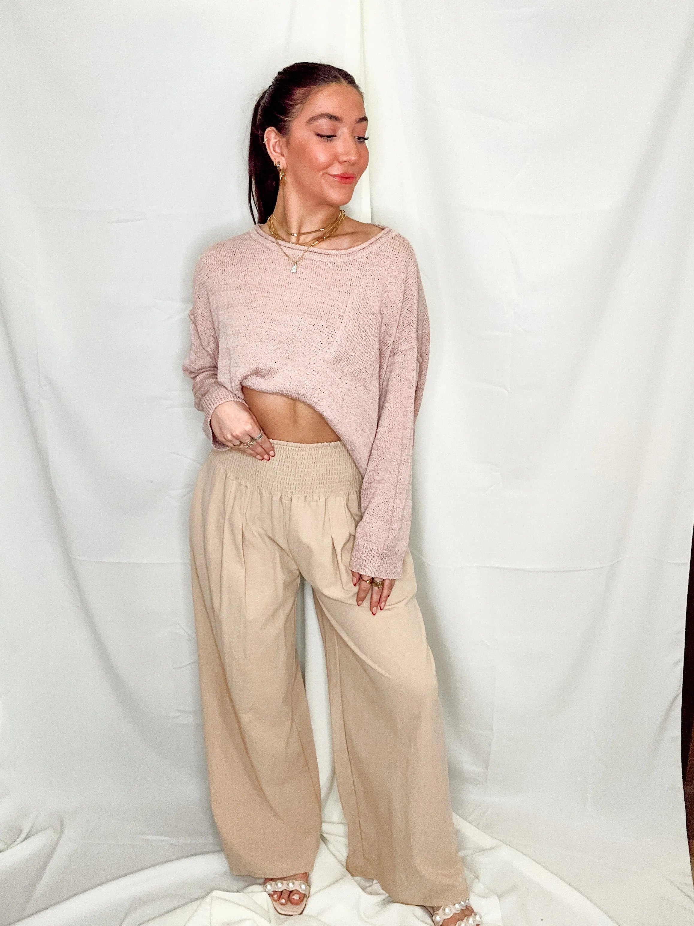 Wide Leg Linen Like Tan Pant