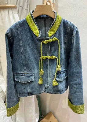 Women Green Stand Collar Chinese Button Denim Coat Spring QA1082