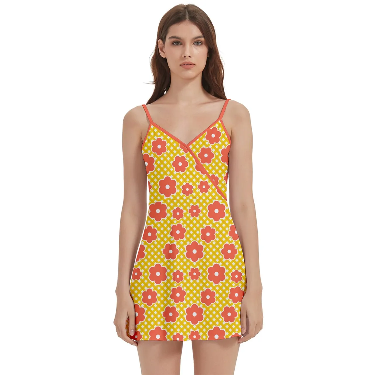 Yellow Orange Floral Dress | Mod Spaghetti Strap Mini | 60s Inspired Wrap Dress