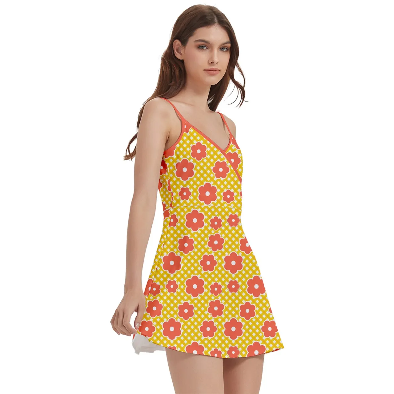 Yellow Orange Floral Dress | Mod Spaghetti Strap Mini | 60s Inspired Wrap Dress